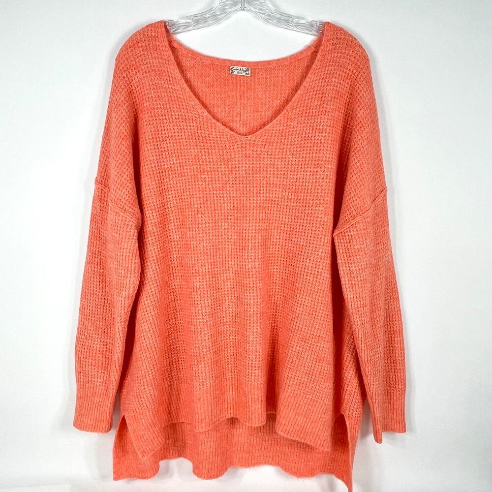 Free People Oversized Thermal Waffle Knit Sweater S XS V-neck Pullover
